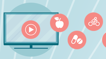 — title missing — Illustration of a computer or TV screen with apple, medicine, and bike rider icons in circles