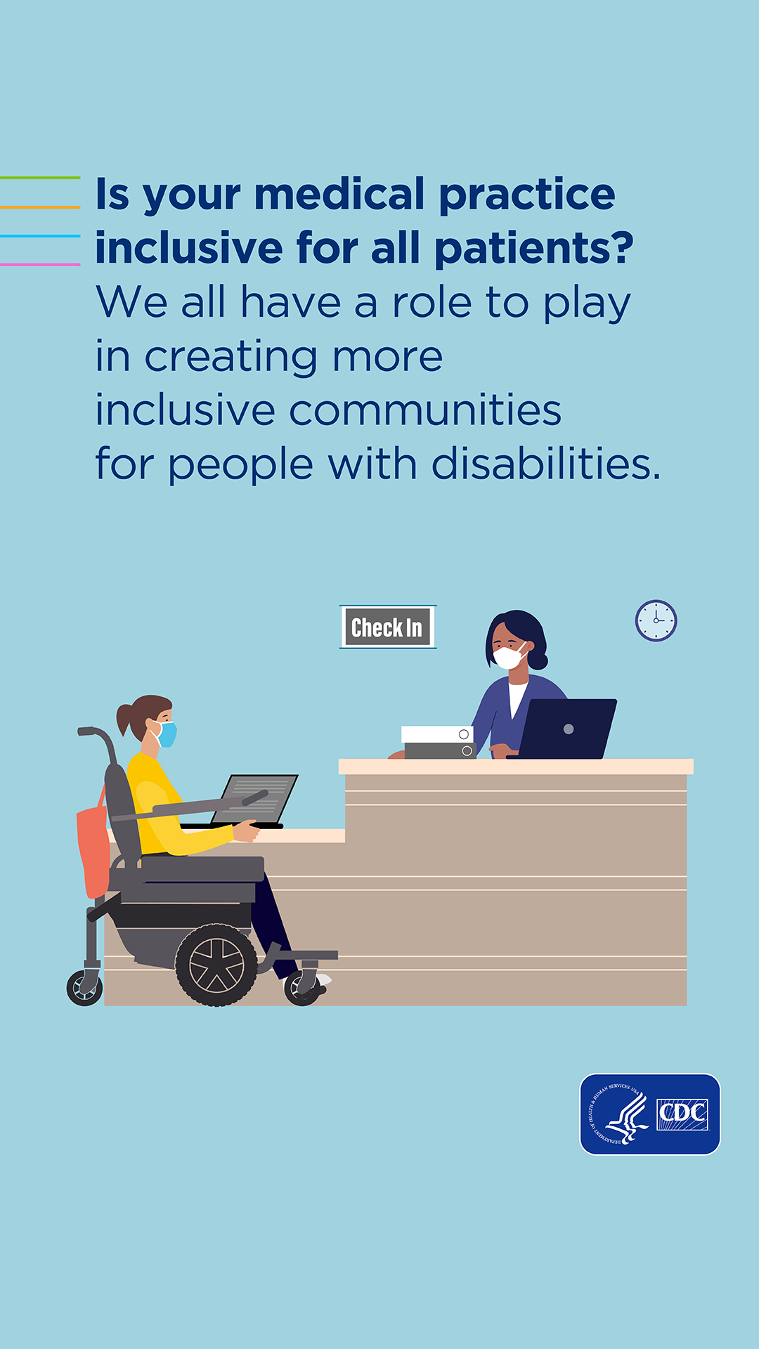 Patient in wheelchair checking in at a medical reception desk.