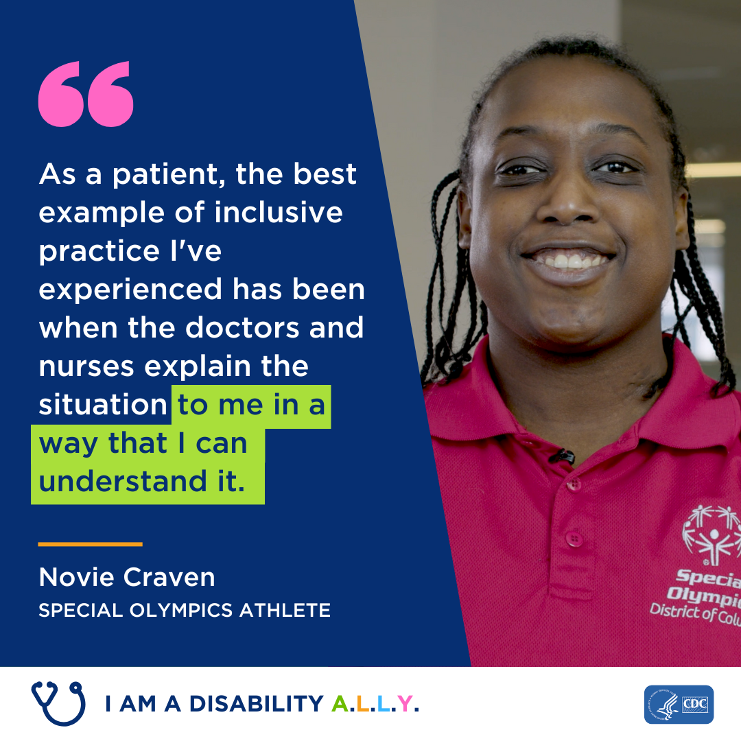 Quote from Novie Craven highlighting: "As a patient, the best example of inclusive practice I've experienced has been when the doctors and nurses explain the situation to me in a way that I can understand it.