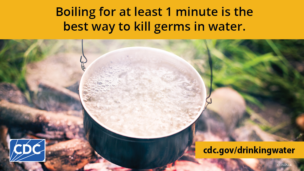 Boil-water-to-kill-germs-graphic-1200x675 Pot of boiling water over a campfire. Text overlay says, "Boiling for at least 1 minute is the best way to kills germs in water."