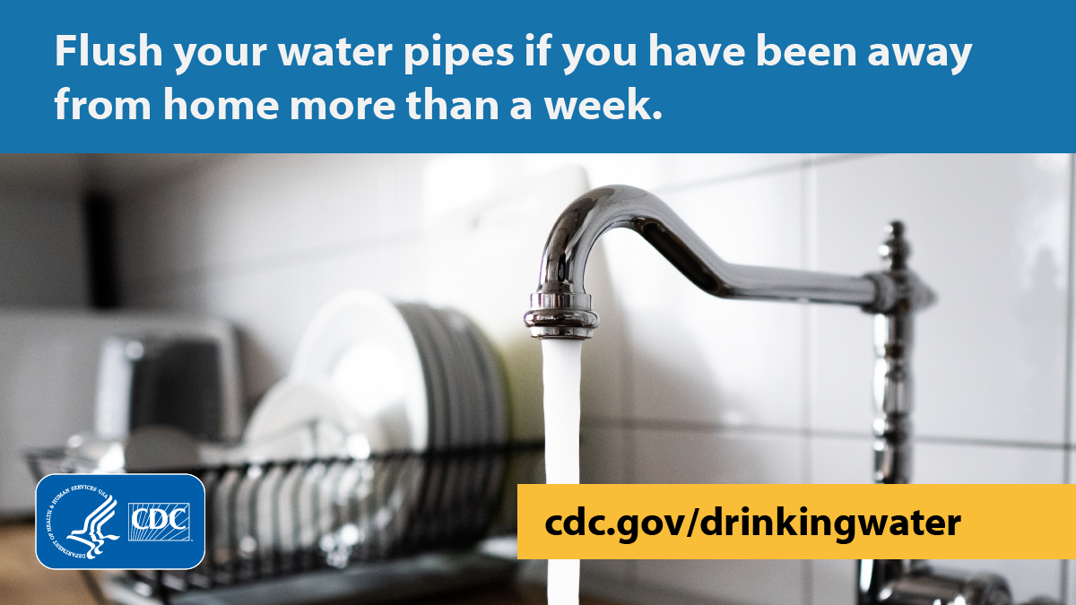 Flush water pipes graphic English 1200x675 Running faucet in kitchen. Text overlay says, "Flush your water pipes if you have been away from home more than a week."