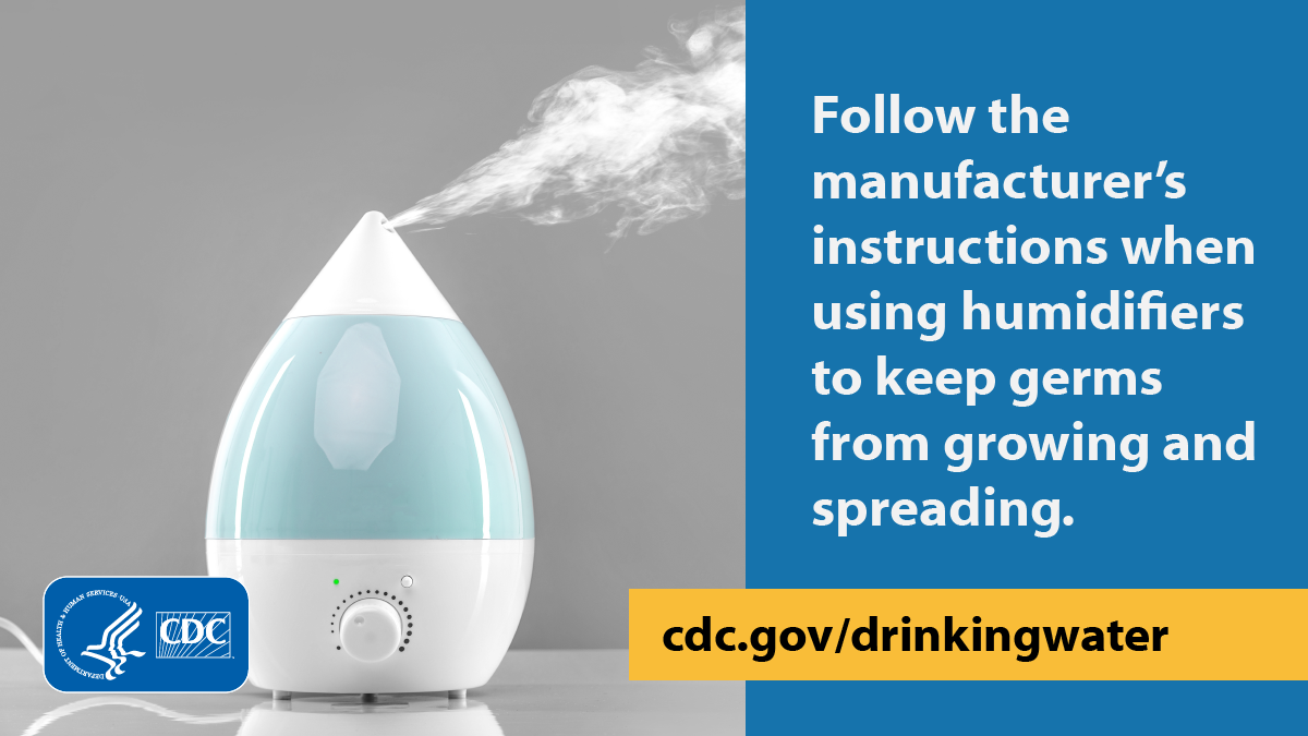 Humidifier graphic English 1200x675 Small humidifier releasing mist. Text overlay says, "Follow the manufacturer's instructions when using humidifiers to keep germs from growing and spreading."