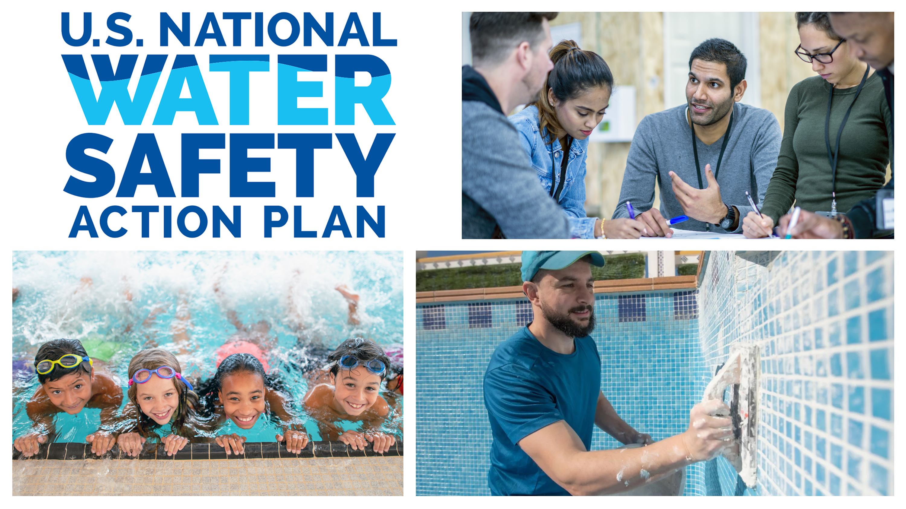 USNWSAP Collage Collage featuring the USNWSAP logo, community planners, kids in a swim lesson, and a builder finishing pool tiles.