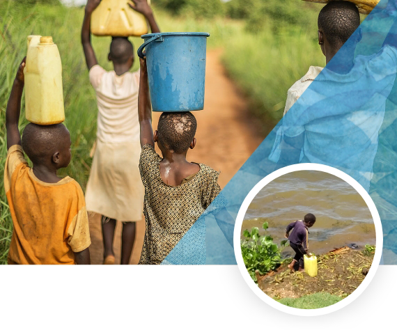 image.png Children carrying water in Ghana; insert image of child by a river gathering water.