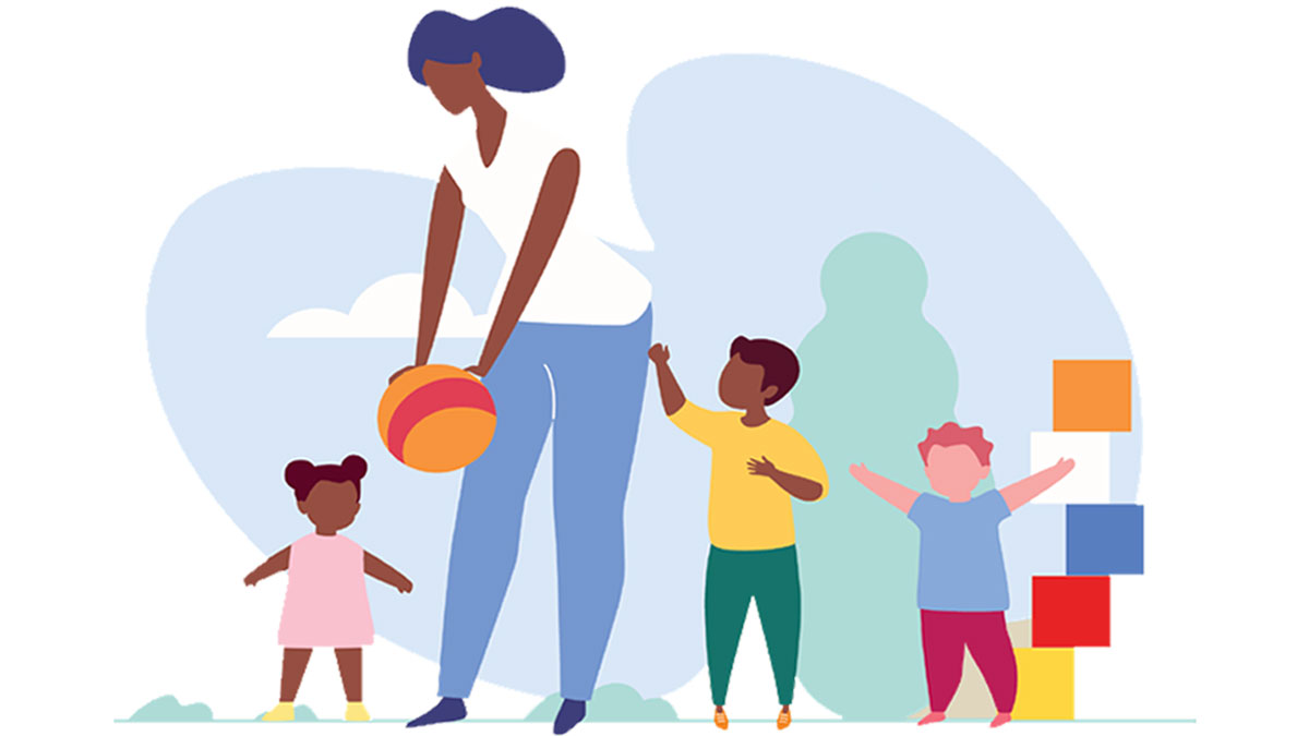 — title missing — Drawing of a woman playing games with three children.