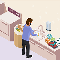 A person cleaning and disinfecting items Illustration of a person cleaning and disinfecting items