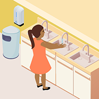 A person washing their hands Illustration of a woman washing her hands in a public bathroom.