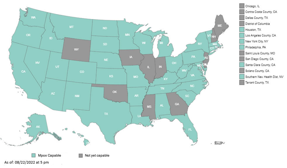 mpox-map2 Forty-five (45) state and local public health agencies can receive mpox virus case reports as of August 22, 2022