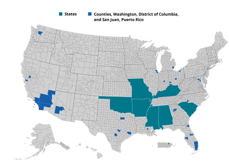 EHE Funding by Jurisdiction, County, Territory, and State Map of EHE funding in 48 counties; Washington, D.C.; and San Juan, Puerto Rico, and seven states.