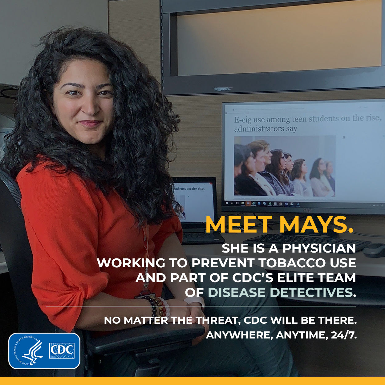 eis-graphic-mays-shamout Meet Mays. She is a physician working to prevent tobacco use and part of CDC's elite team of disease detectives.