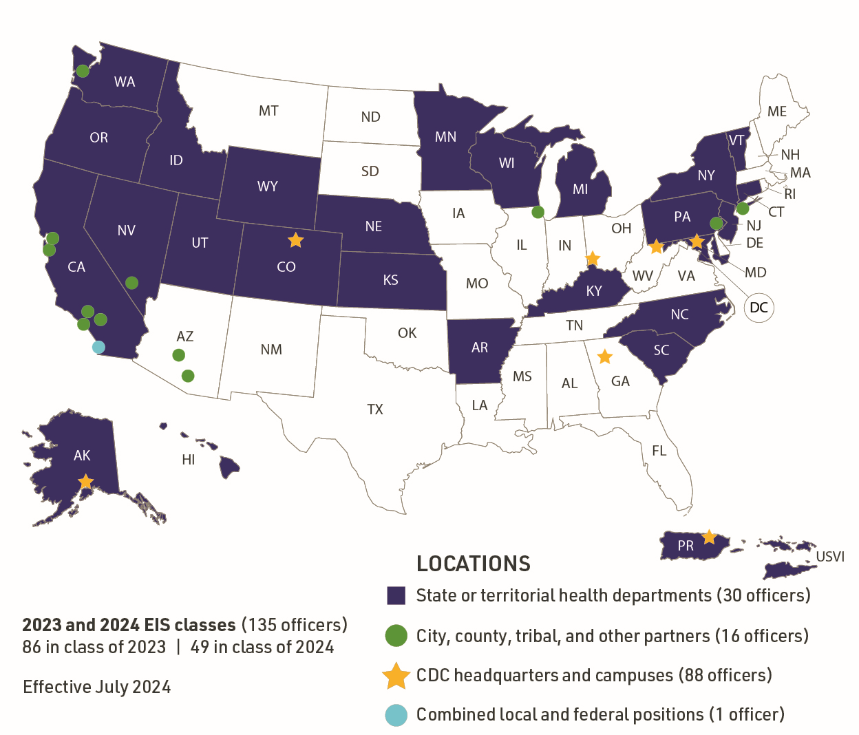 US map of EIS Officers Across the country by state.
