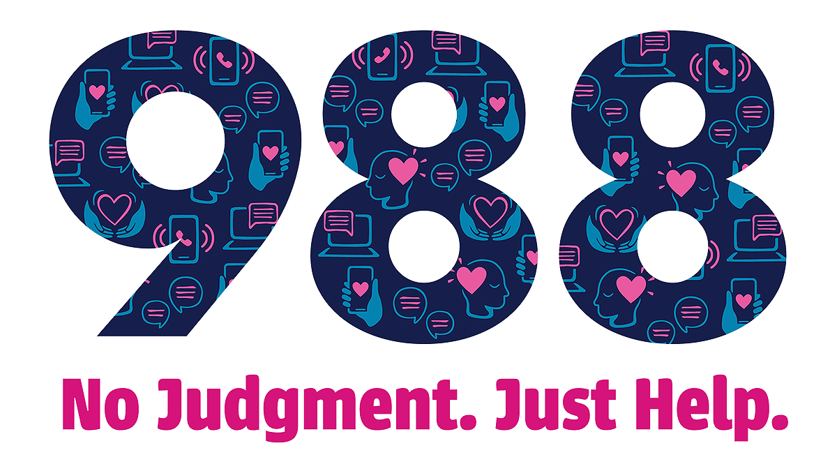988 Hotline - Social-Filled Number Graphic: Large "988" filled social media icons and reads "No judgement. Just help."