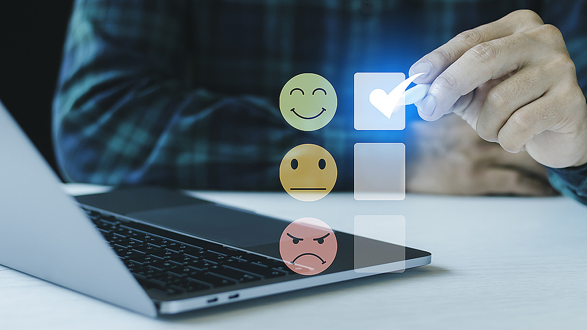 Happiness Survey Illustration of man filling out a happiness survey by checking a happy face box and not an indifferent or frowning face