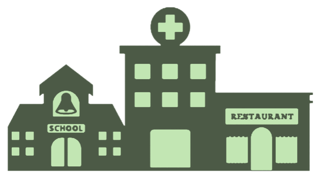EH newsletter Graphic of three buildings--a school, hospital, and restaurant.