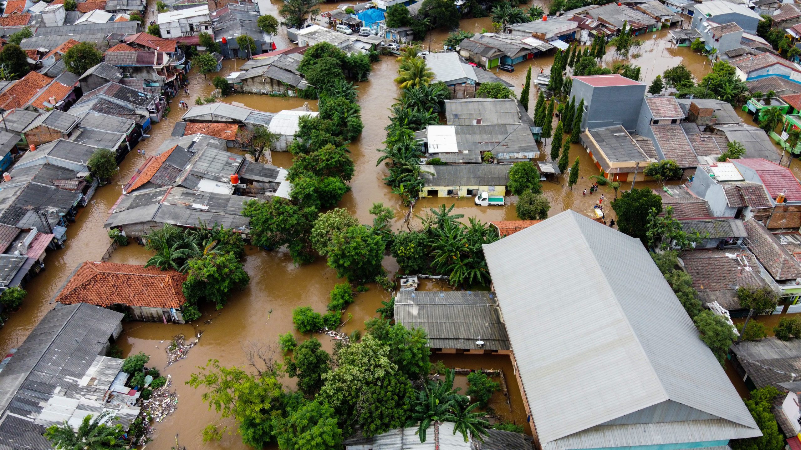 Flooded neighborhood after a disaster Aerial view of flooded neighborhood