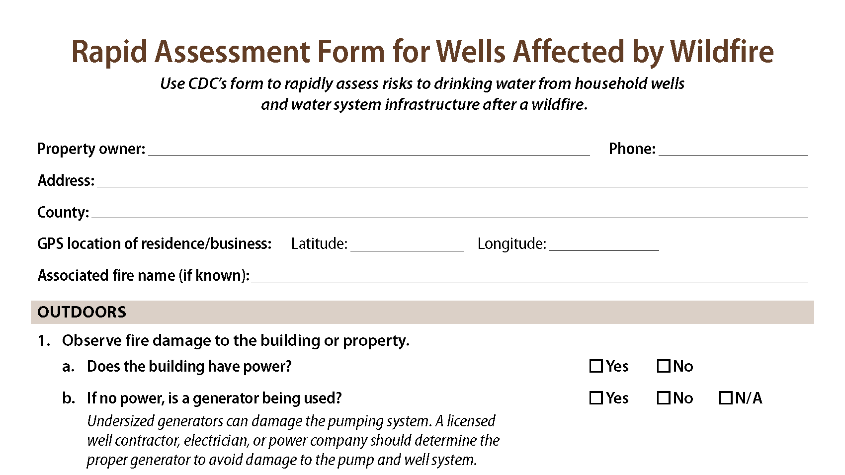 Rapid Assessment Form Wells After Wildfire Top part of CDC's rapid assessment form.