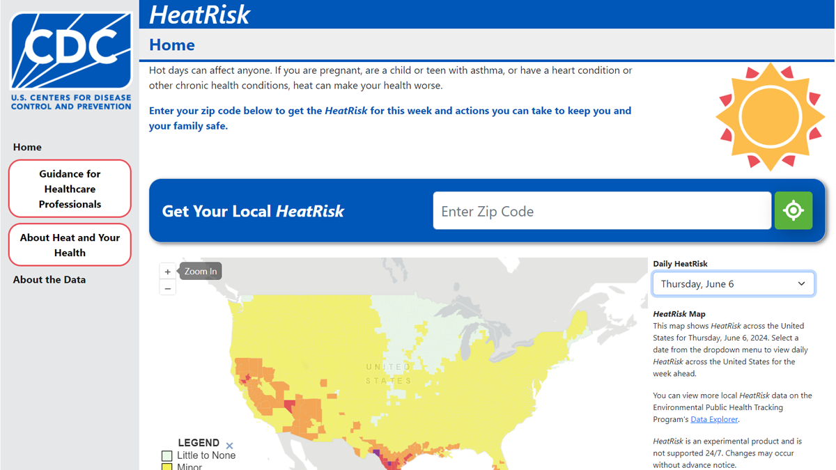 HeatRisk Dashboard Home page view of CDC's HeatRisk dashboard tool.