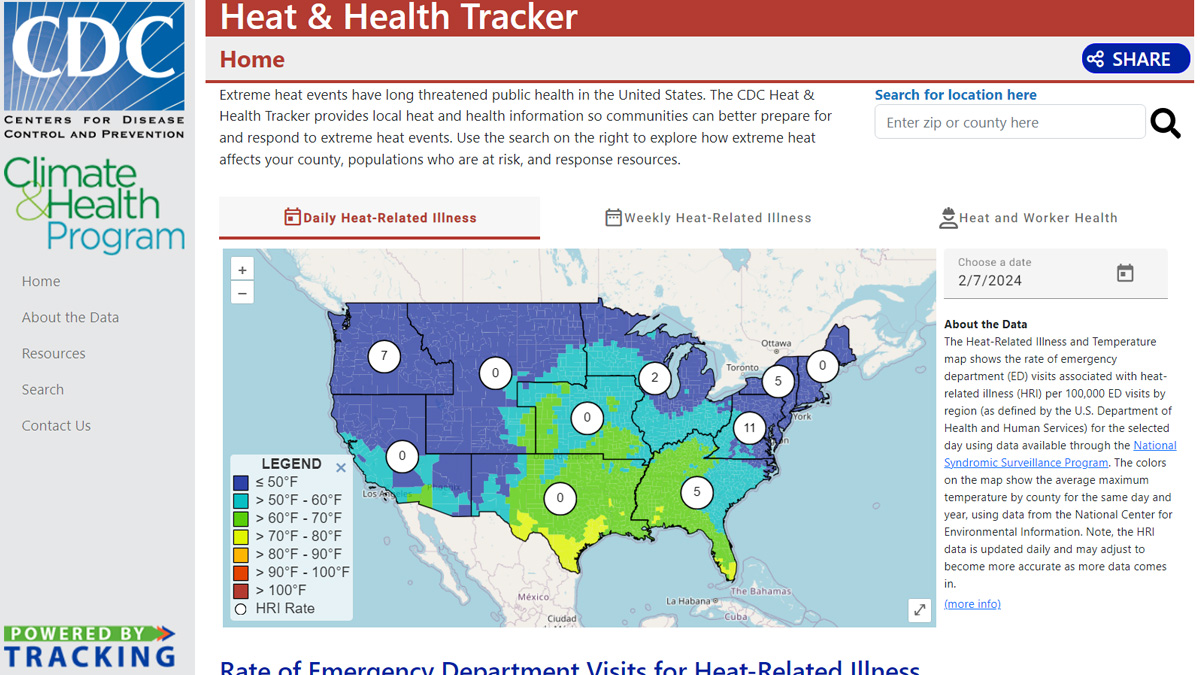 Heat & Health Tracker Dashboard Screenshot of Tracking's Heat & Health Tracker dashboard tool