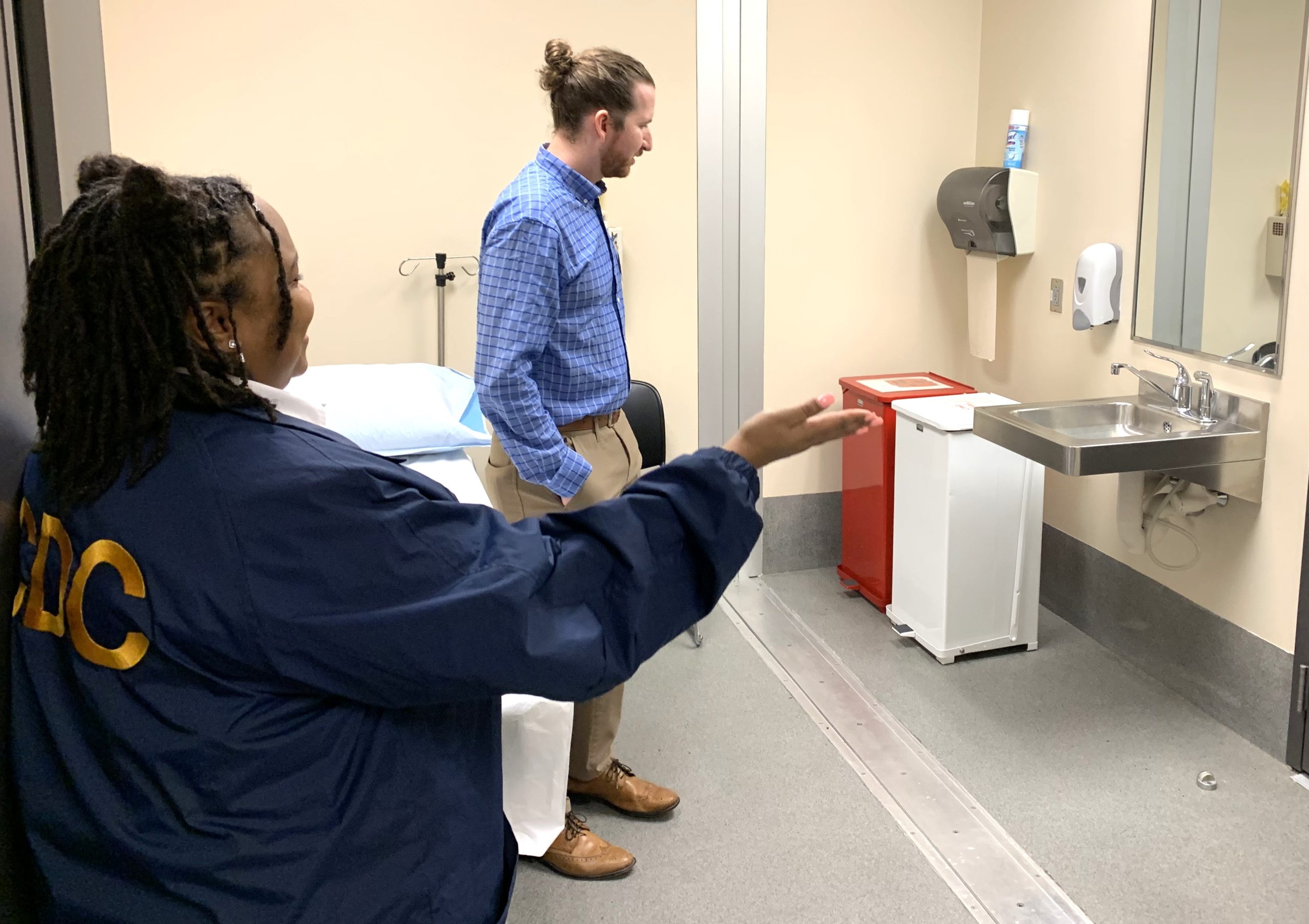 ATL Grayson Visit 2024 EEP student, Grayson Walker (right), visits the CDC Port Health Station in Atlanta, Georgia to meet with Port Health Protection Officer Shacore Crumel and tour the sick passenger isolation facilities.