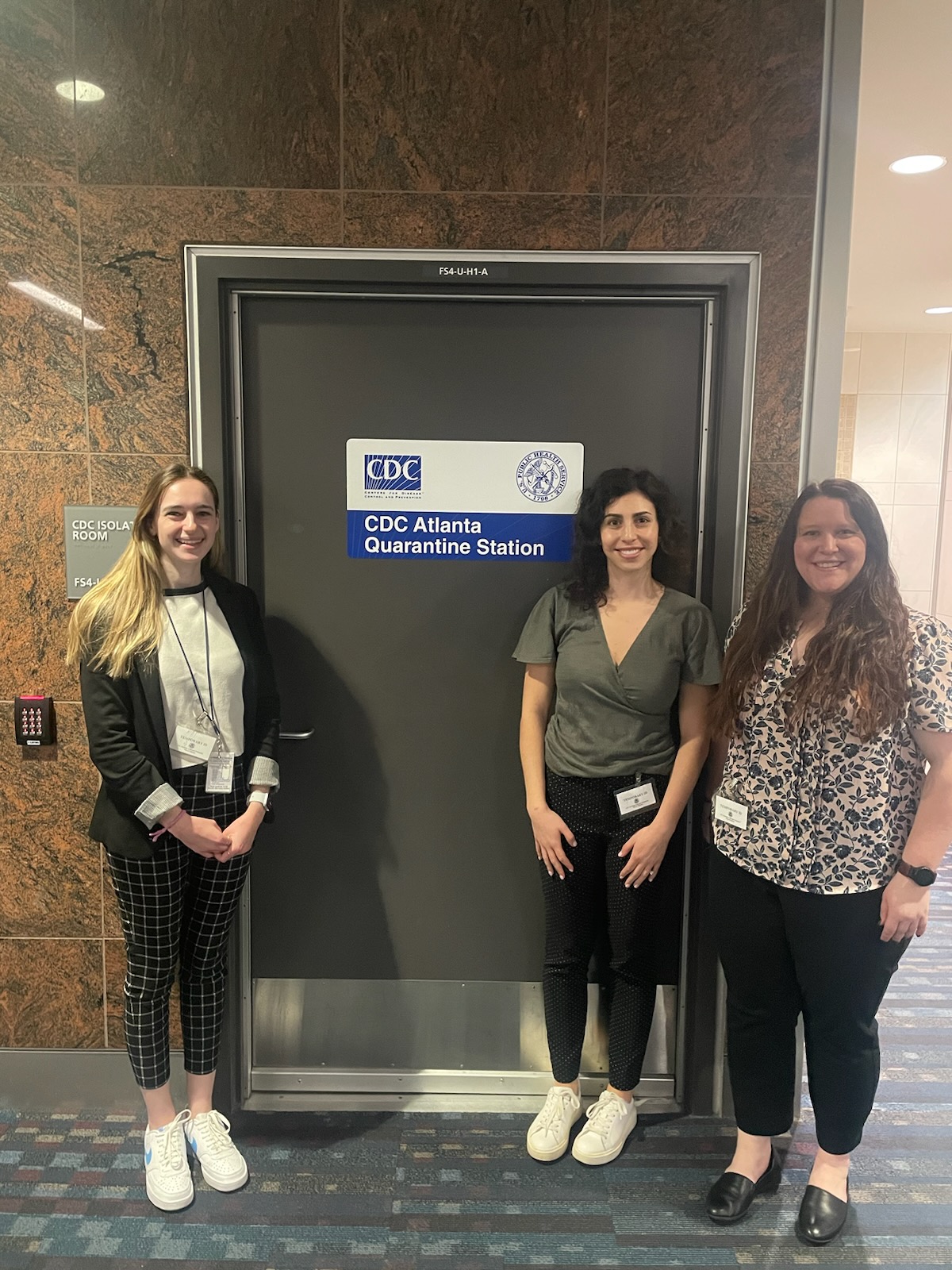 Kaitlyn Krus 2024 EEP students Chloe, Lily, and Kaitlyn visit the Atlanta airport's port health station and get to view one of the quarantine rooms that would be used for an individual who may have an infectious disease that threatens public health.