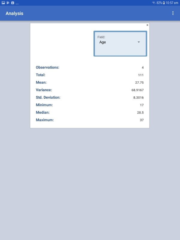 F681MeansGadget Screen shot of the Means gadget in the Analyze Data module of the mobile application.