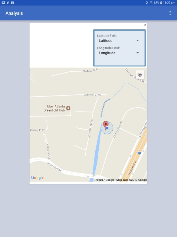 F684MapsGadget Screen shot of the Map gadget in the Analyze Data module of the mobile application.