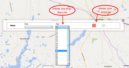 Marker size drop-down menu and marker color selection option