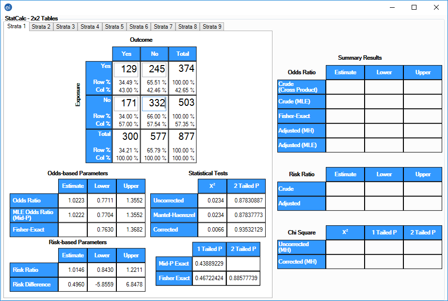 F1005-single-2x2-table StatCalc showing a single strata with demonstration data.