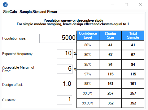F1010-population-survey-descriptive-study StatCalc Sample Size and Power for a population survey or descriptive study.