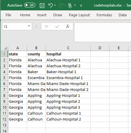 how-to-use-fields-cascading-codes-field1-a Image showing an Excel spreadsheet of the table to be used for Cascading Codes with columns for 'state', 'county', and 'hospital'.