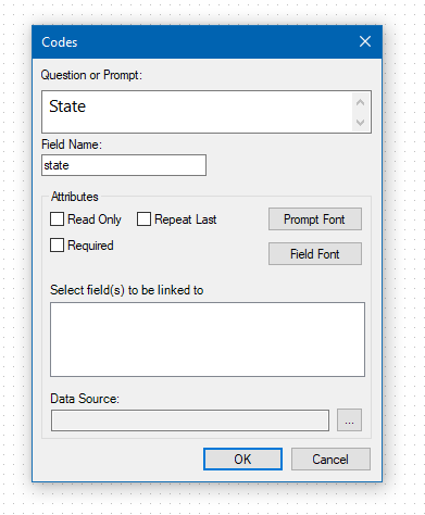 how-to-use-fields-cascading-codes-field2-a Image showing the Codes Field Data Source Dialog box.