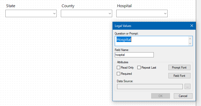 how-to-use-fields-cascading-codes-field3-a Image showing the canvas with fields for "state", "county", and "hospital", and a Legal Values definition dialog box for the field named "hospital".