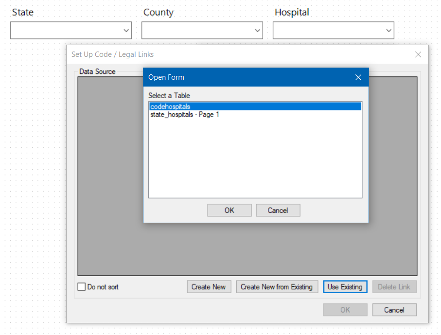 how-to-use-fields-cascading-codes-field4-a Image showing the Set Up Code - Legal Links and the Open Form -Select a Table dialog with the table "codehospital" selected.