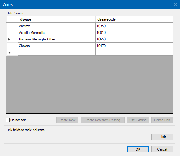 how-to-use-fields-codes-field5-a Image showing the Codes Field Data Source box with a few rows entered.