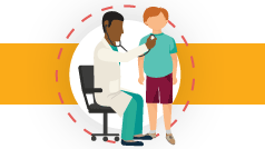 — title missing — Gold bar with a circle in the middle. Inside the circle is a drawing of a doctor examining a child.