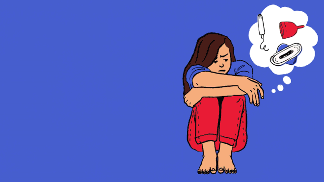 Animated visual checklist Animated illustration of a teen girl thinking about heavy periods, description to follow.
