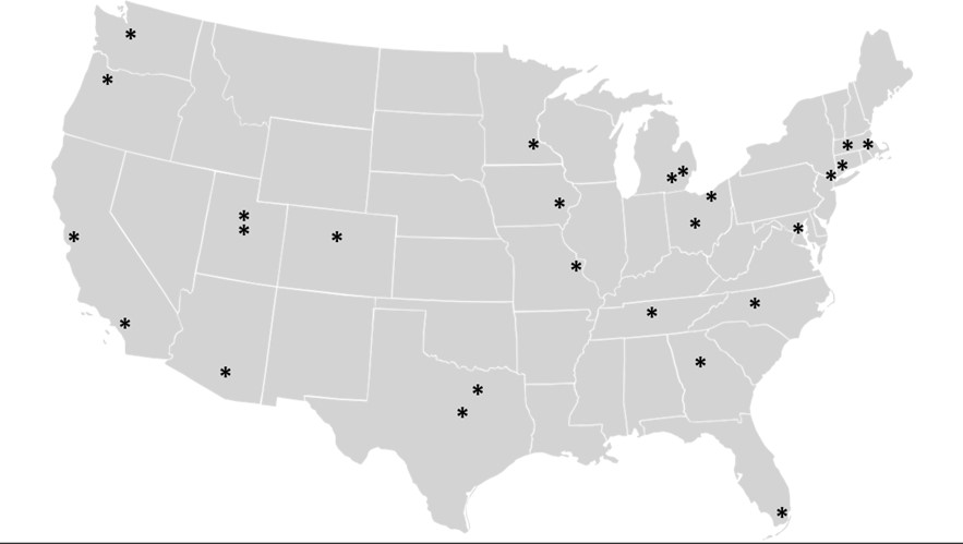 U.S. map showing the 26 participating sites of the IVY Network. U.S. map showing the 26 participating sites of the IVY Network.