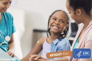 child fight flu child with health care professional and parent smiling with text: #figtflu and cdc logo
