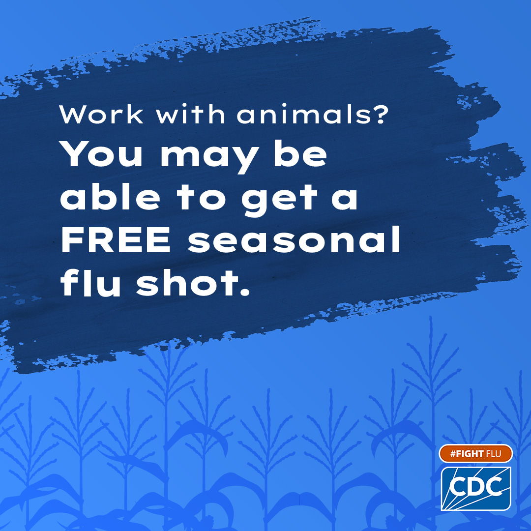 Farm workers: social media post English Blue Work with animals? You may be able to a FREE seasonal flu shot. #fighflu cdc logo