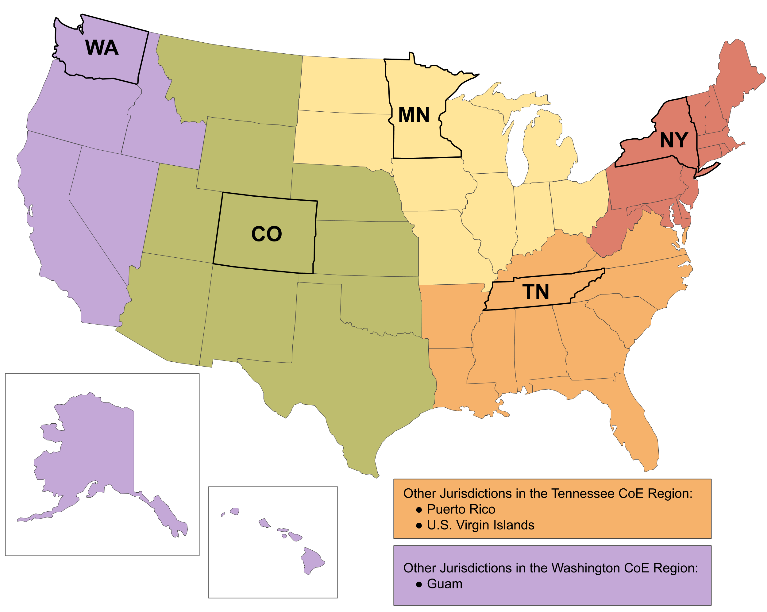 Map showing the five Food Safety CoE regions
