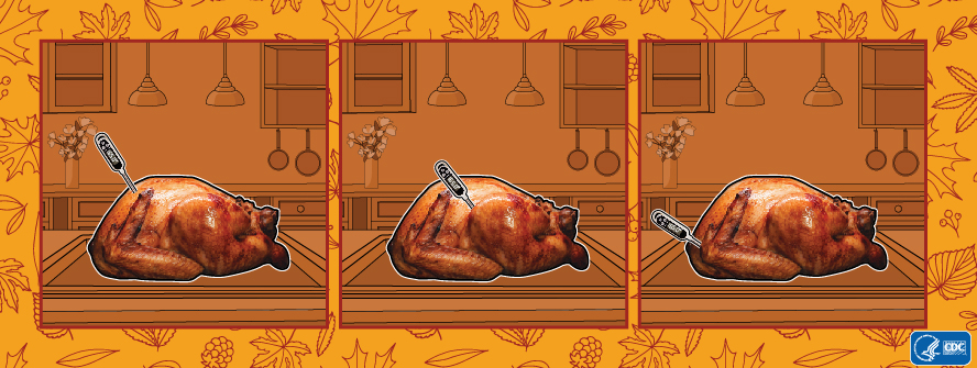 adjust when done Tres imágenes, una al lado de la otra, de un pavo entero con el termómetro de alimentos en la parte más gruesa de la pechuga; donde se unen el cuerpo y el muslo, apuntando hacia el muslo; y donde se unen el cuerpo y el ala, apuntando hacia el ala