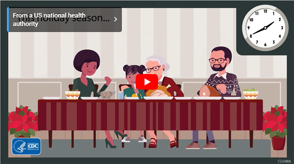 Holiday food safety screenshot Family sits around dinner table eating holiday meal.