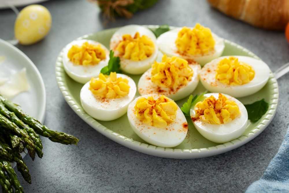 A tray of hard boiled eggs