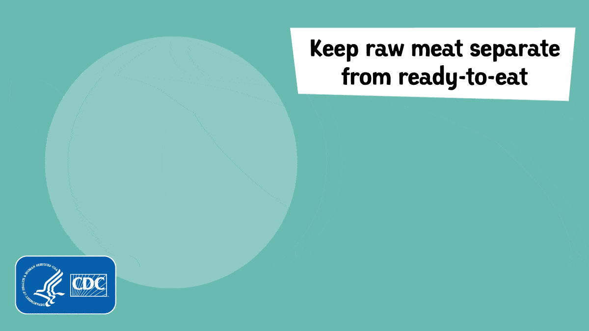 Safe Chicken Handling Text overlay states, “Keep raw meat separate from ready-to-eat". CAnimation for safely handling chicken. Panel 1: A cutting board with chicken slides in, board with cheese slides inand a separate cutting board with cheese appears. Hand pushes them even farther away from each other. Text overlay states, “Wash board, knife, and hands”."Keep raw meat separate from ready-to-eat." Panel 2: Arrow shows knife and white cutting board going into the dishwasher. Mother and child washing hands slide in. Text overlay states, “Cook food to safe internal temp”. Thermometer slides into the chicken, 165 degrees appears. Thumbs pop up. while mom and child wash hands. Text overlay states, Text overlay states, “Wash board, knife, and hands." Panel 3: Food thermometer inserted into center of cooked chicken showing a temperature of 165 degrees Fahrenheit. Text overlay states, "Cook food to safe internal temp."
