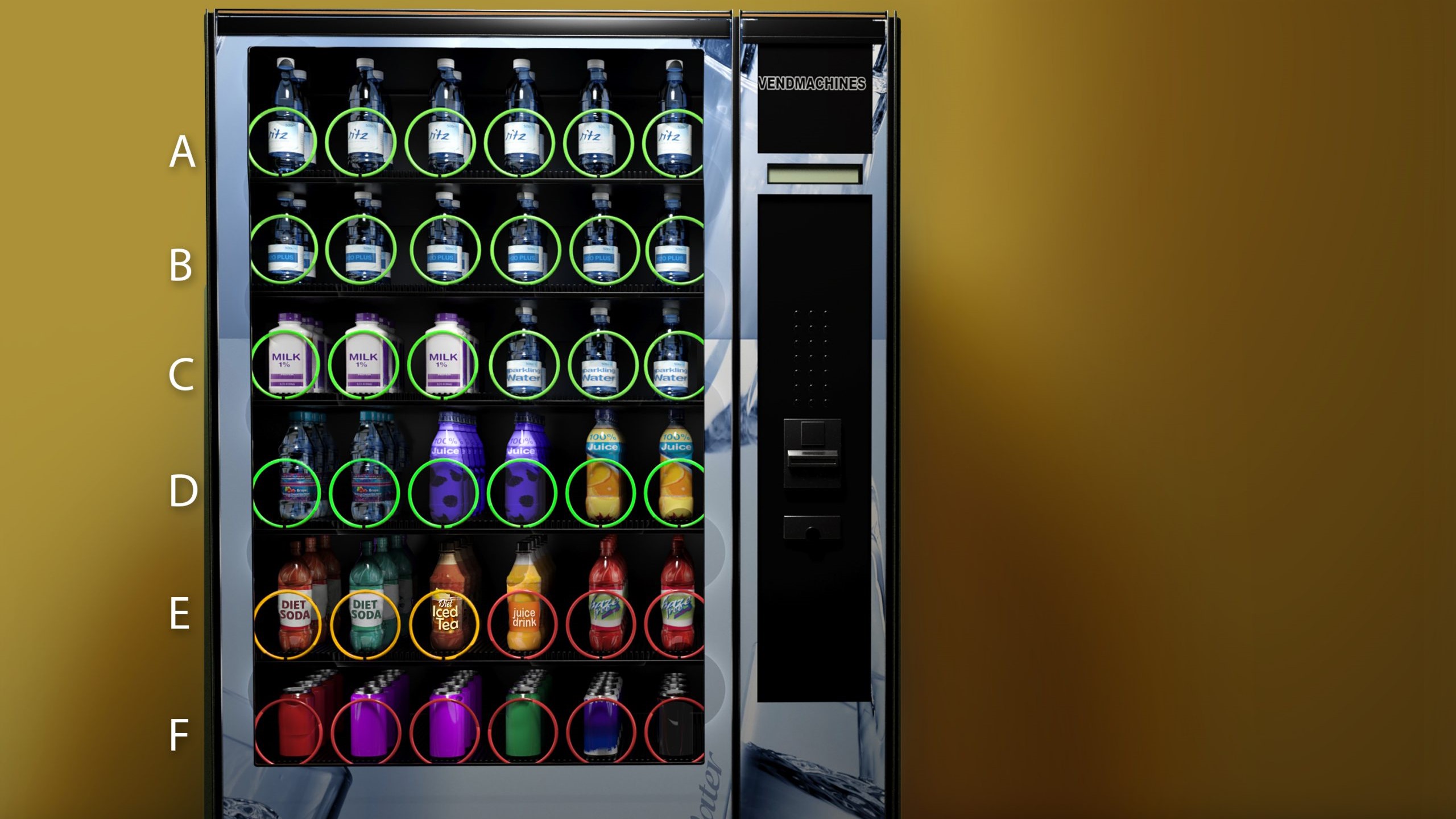 7 Vending Beverages 16-9 A vending machine showing beverage options.