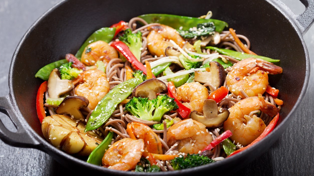 Shrimp Asian Dish Cultural page Shrimp stir-fry in wok