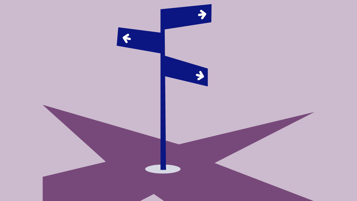 Expand FSG icon Icon of street sign pointing in three directions on purple background.