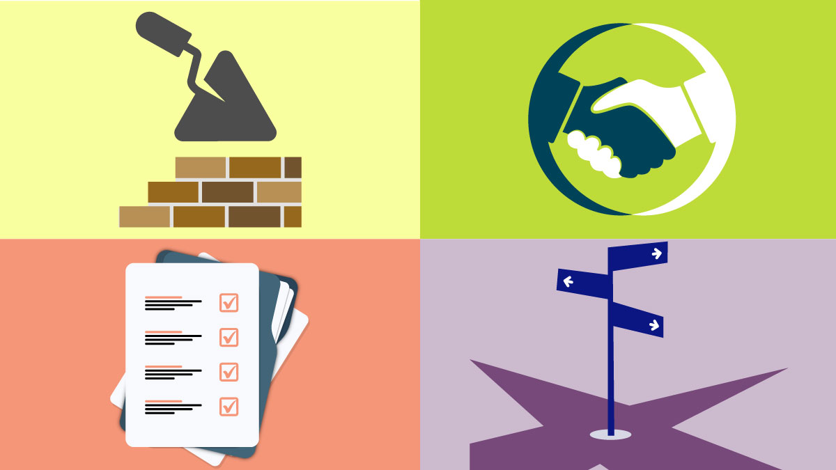 — title missing — Icons for the four Building Blocks of Food Service Guidelines. The four icons are 1) trowel and brick wall 2) shaking hands 3) a checklist and 4) a street sign going in three directions.