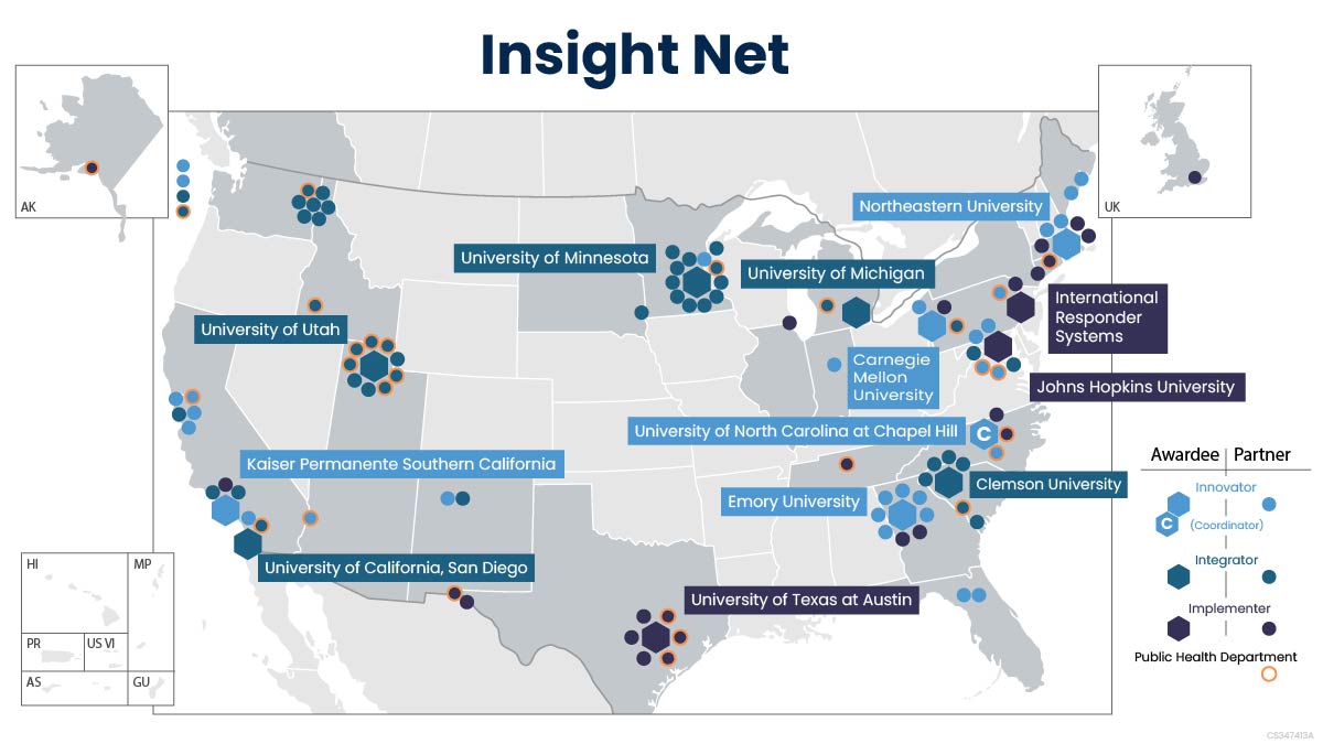 InsightNetMap Map of the United States with Insight Net partner locations marked with blue hexagons