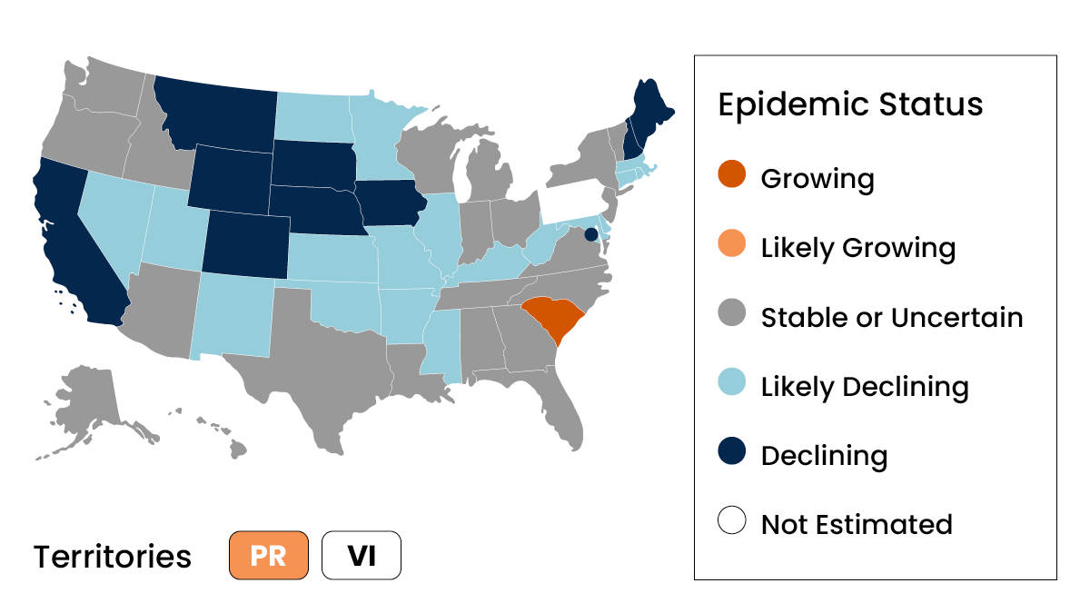 epidemic-status-map Example COVID-19 epidemic growth status, as of January 27, 2024